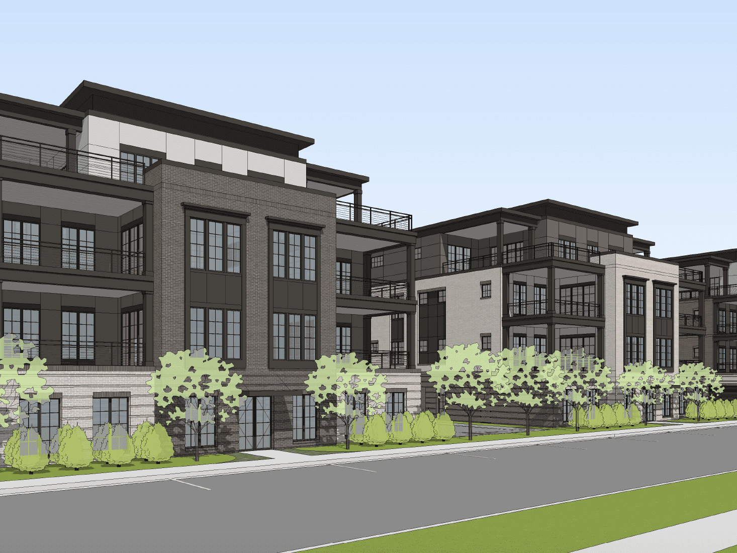 An artist's rendering of an apartment complex.